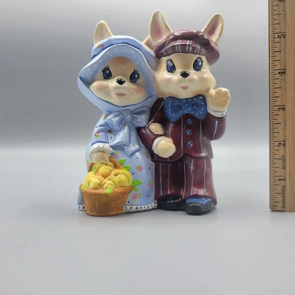 Vintage Ceramic Bunny Couple Figurine Victorian Clothing Shelf Decor